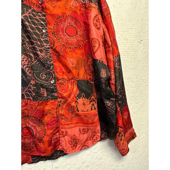 Chico's 100% Silk Long Sleeve Women Button Up Blouse Size XL (3) Patchwork Style - Picture 4 of 8